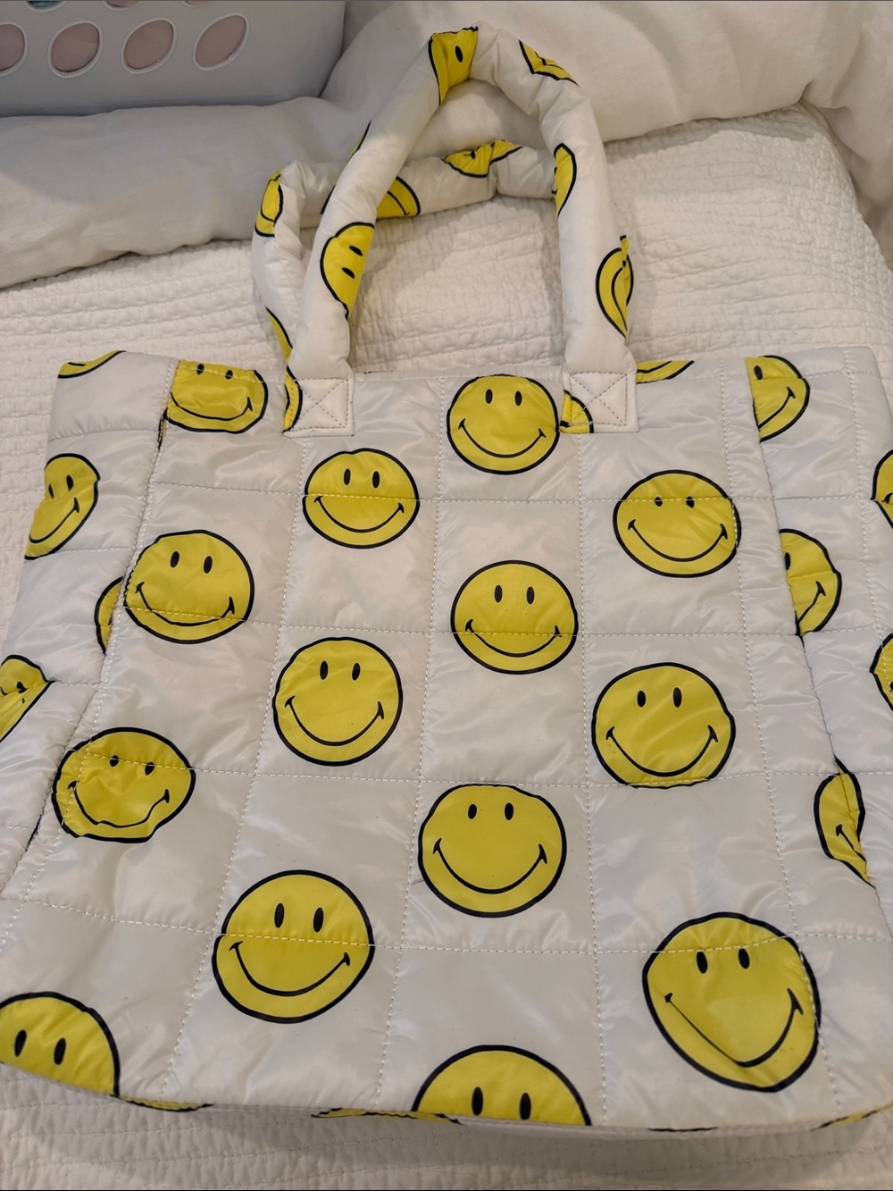 GAP White Quilted Tote with Yellow Smiley Face Print